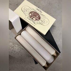 Set of three Williamsburg ivory wax candles, new in box
